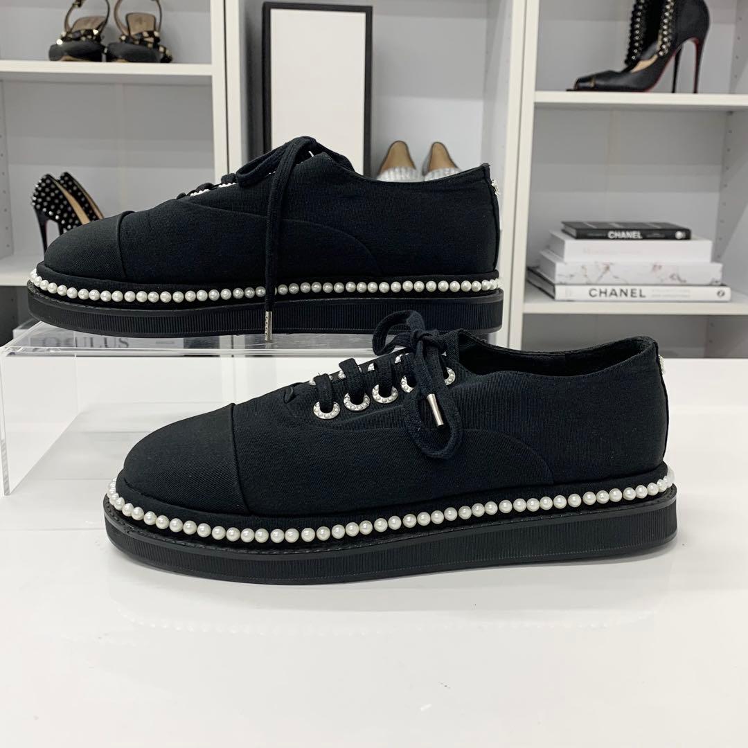 Chanel Cocomark Pearl Fabric Lace Up Shoes Black