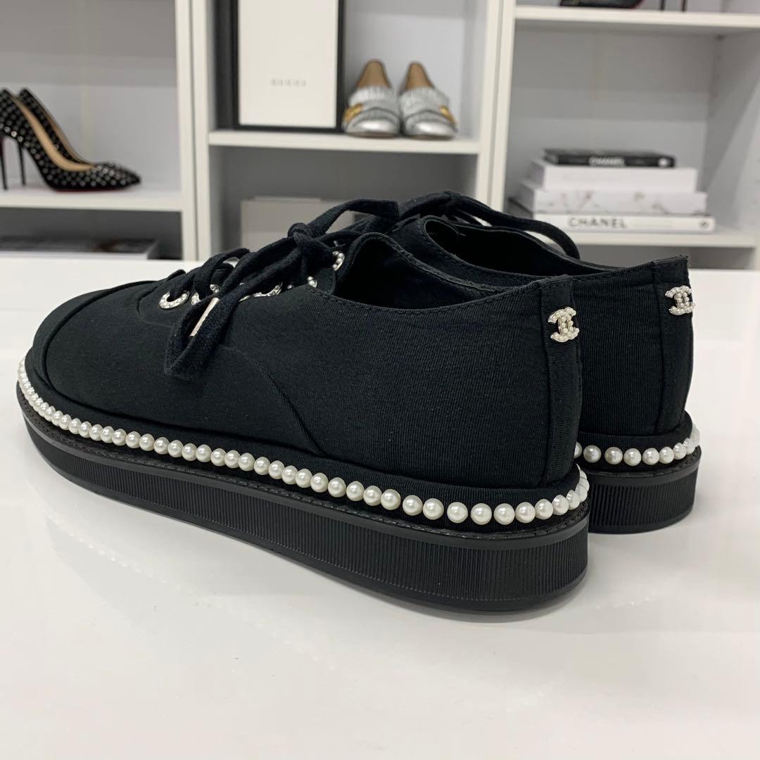 Chanel Cocomark Pearl Fabric Lace Up Shoes Black