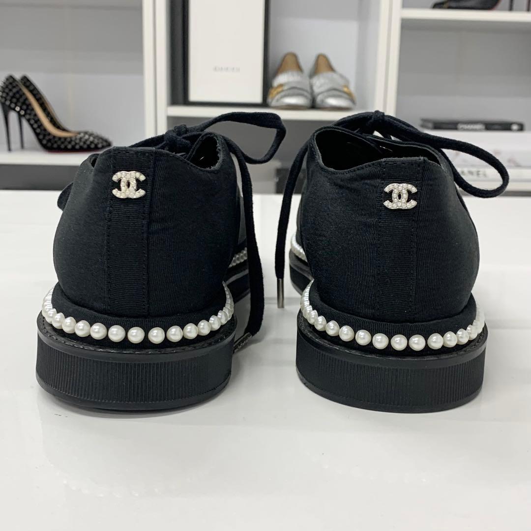 Chanel Cocomark Pearl Fabric Lace Up Shoes Black