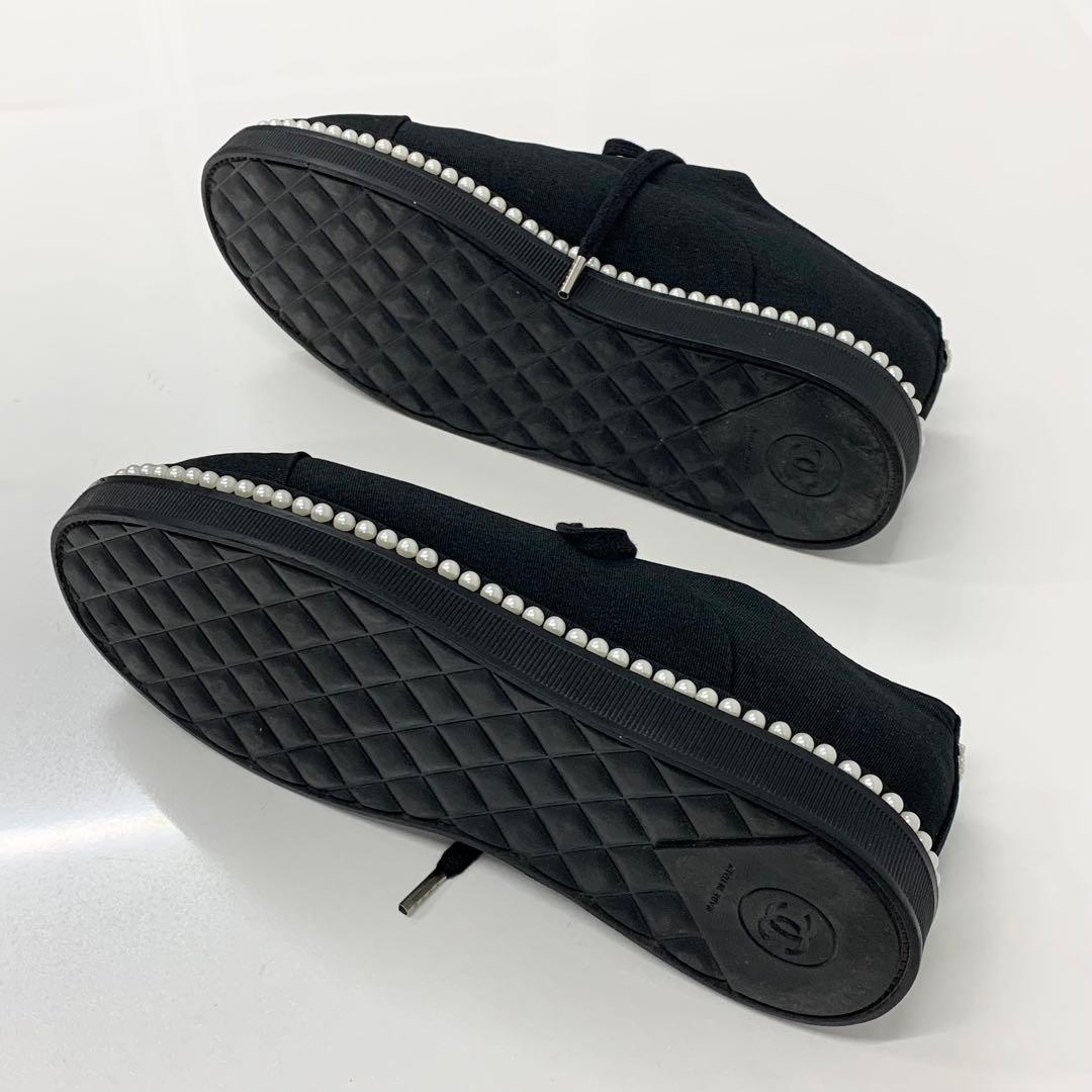 Chanel Cocomark Pearl Fabric Lace Up Shoes Black