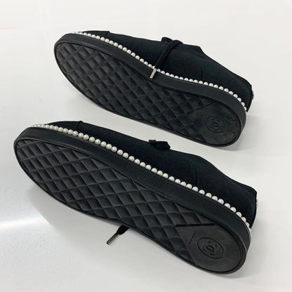 Chanel Cocomark Pearl Fabric Lace Up Shoes Black