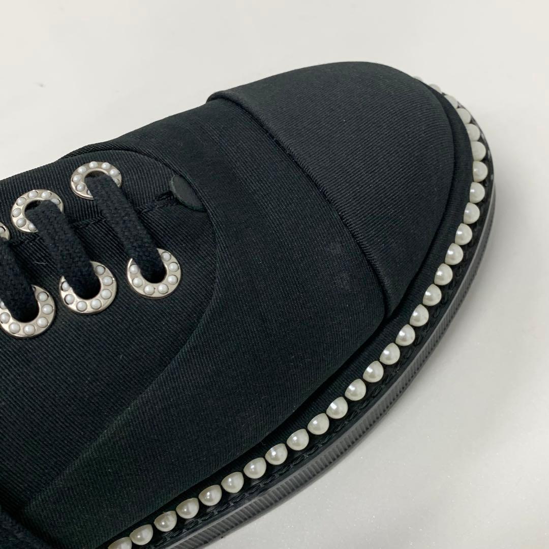 Chanel Cocomark Pearl Fabric Lace Up Shoes Black