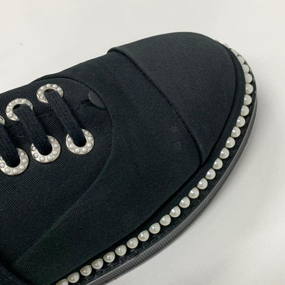 Chanel Cocomark Pearl Fabric Lace Up Shoes Black