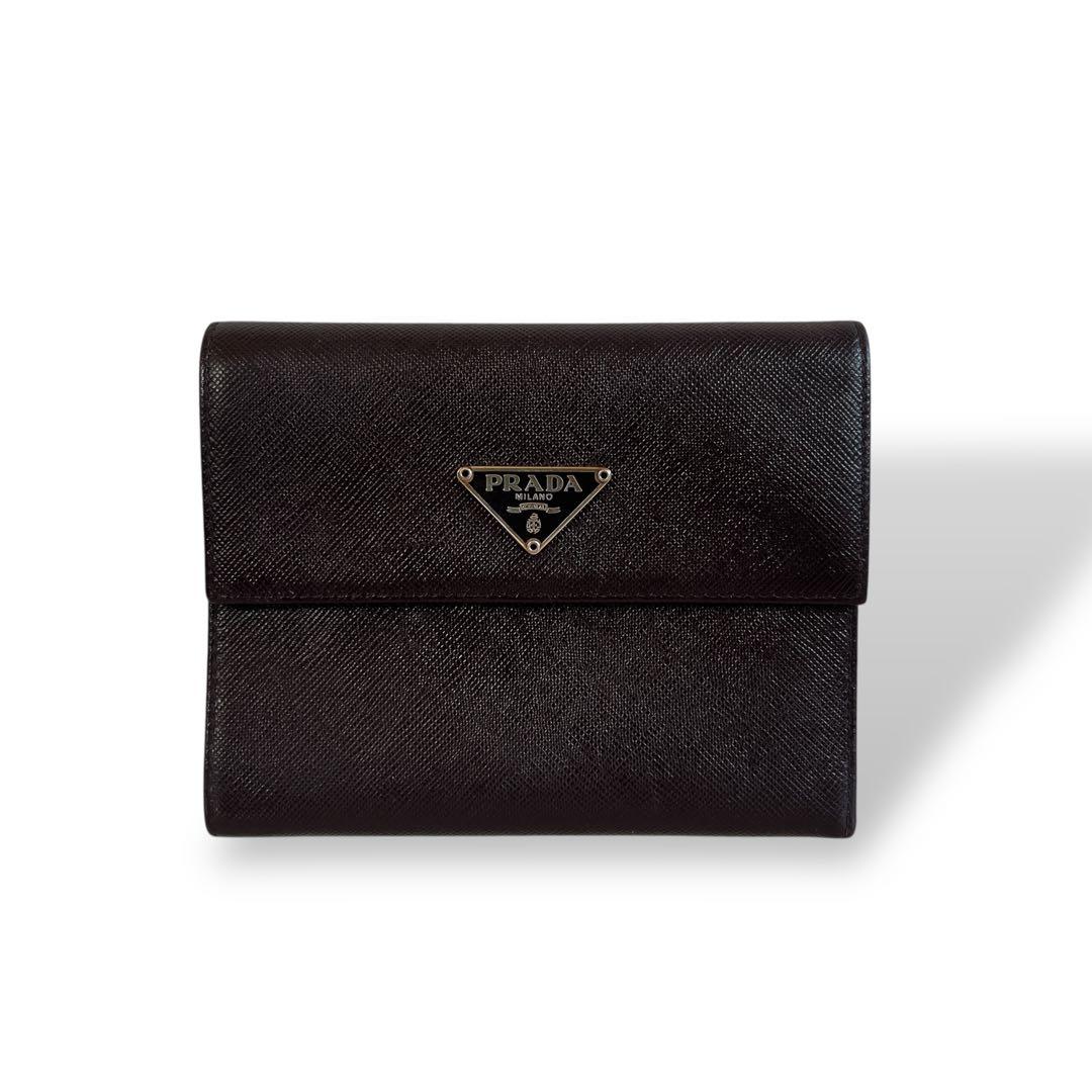 Prada Triangle Logo Trifold Wallet Compact Wallet Saffiano Brown
