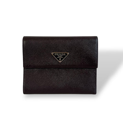 Prada Triangle Logo Trifold Wallet Compact Wallet Saffiano Brown