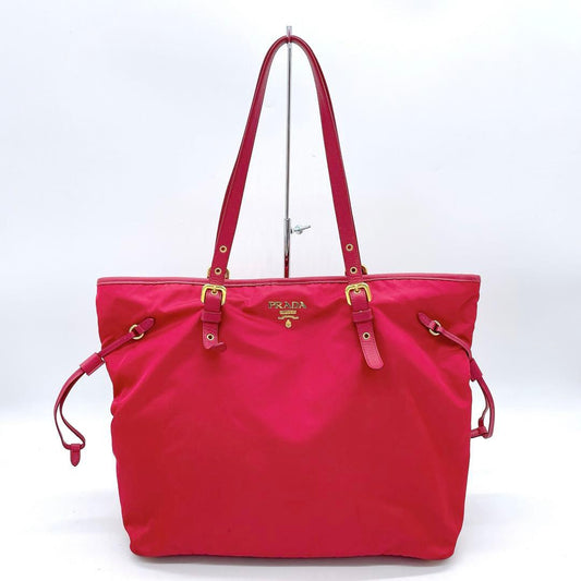 Prada Tote Bag Pink Nylon Logo Plate Gold Hardware