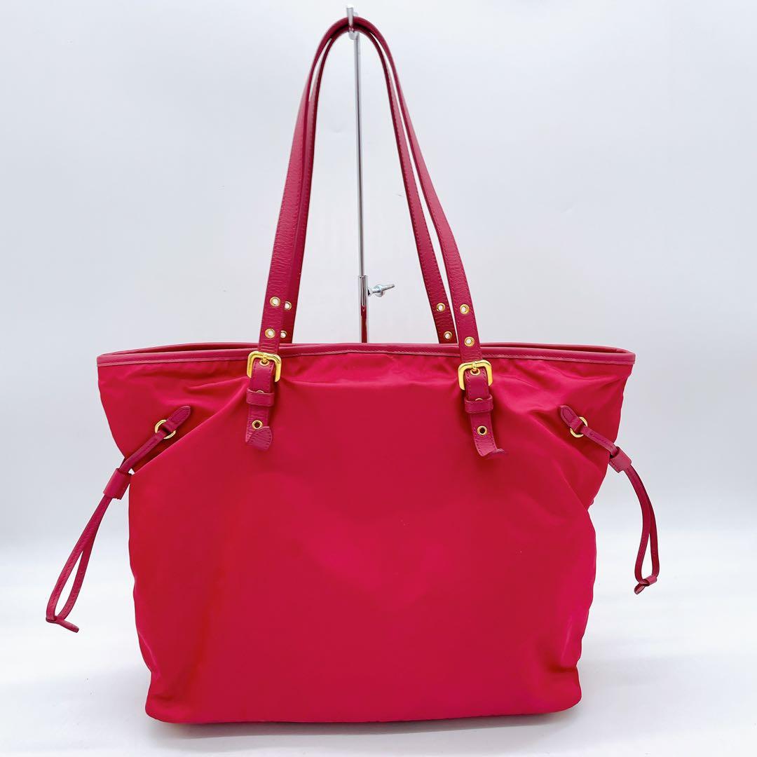 Prada Tote Bag Pink Nylon Logo Plate Gold Hardware