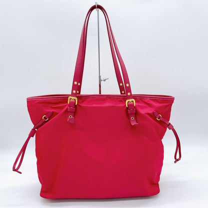 Prada Tote Bag Pink Nylon Logo Plate Gold Hardware
