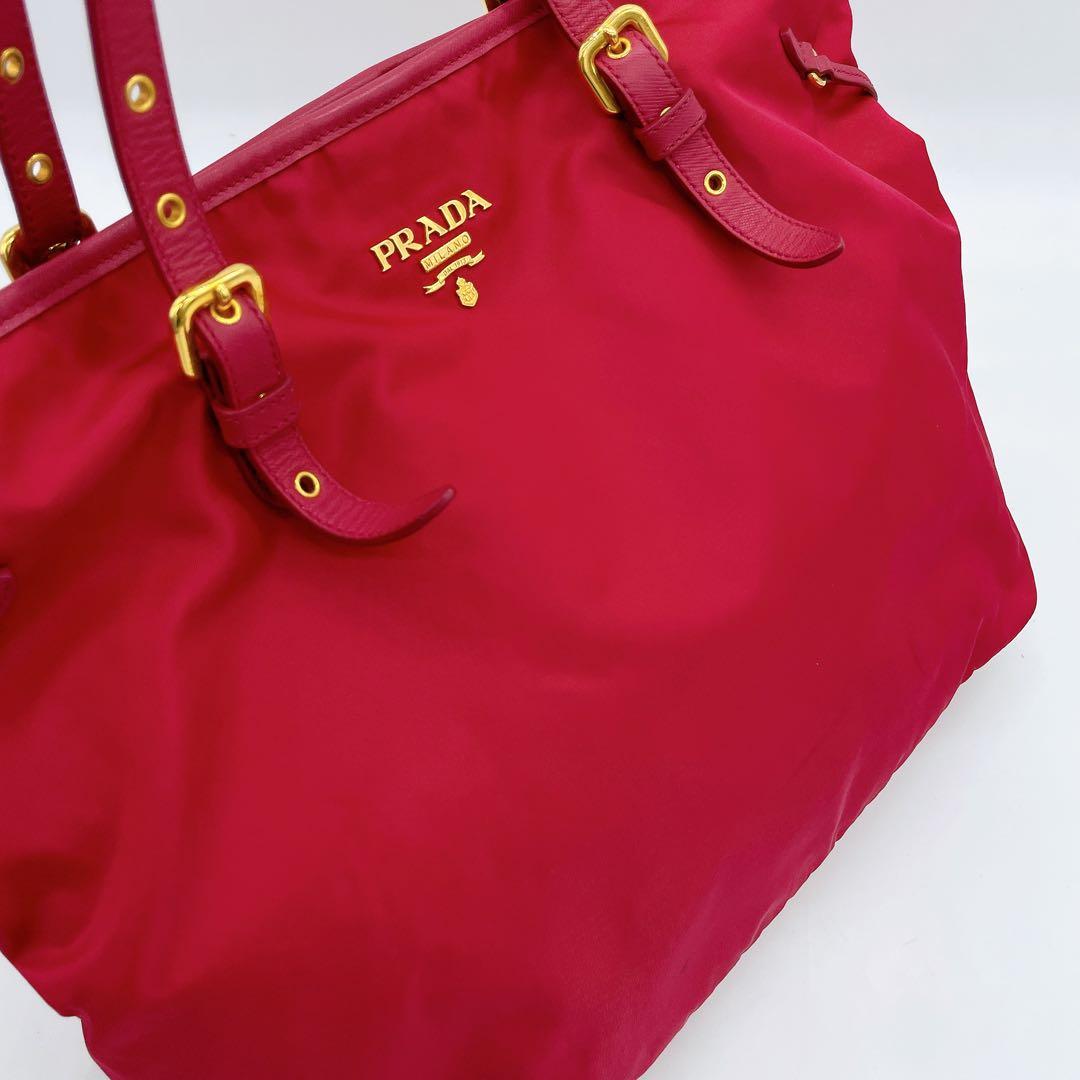 Prada Tote Bag Pink Nylon Logo Plate Gold Hardware
