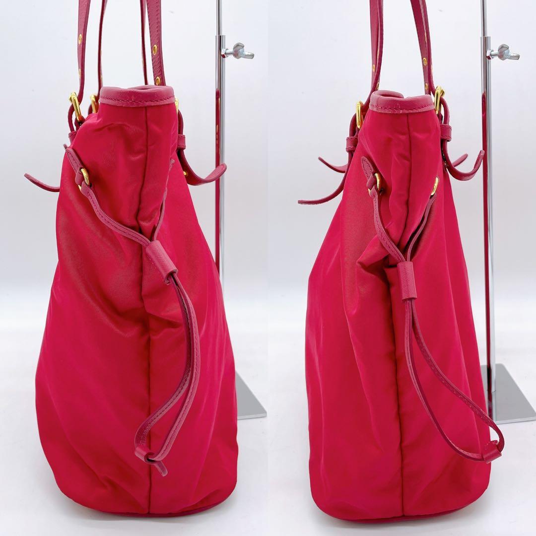 Prada Tote Bag Pink Nylon Logo Plate Gold Hardware