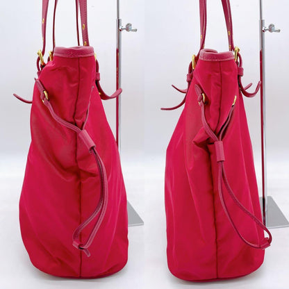 Prada Tote Bag Pink Nylon Logo Plate Gold Hardware