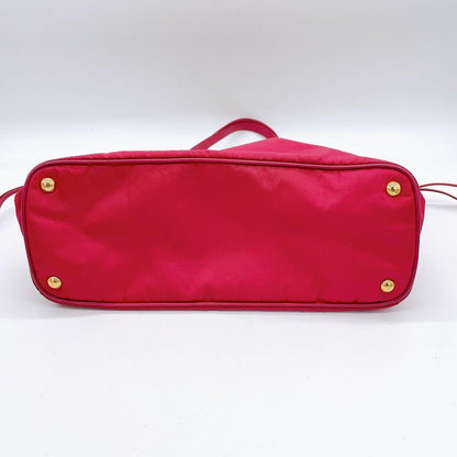 Prada Tote Bag Pink Nylon Logo Plate Gold Hardware