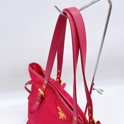 Prada Tote Bag Pink Nylon Logo Plate Gold Hardware