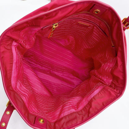 Prada Tote Bag Pink Nylon Logo Plate Gold Hardware
