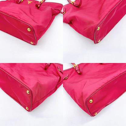 Prada Tote Bag Pink Nylon Logo Plate Gold Hardware
