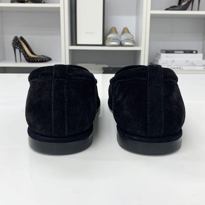 Chanel CC Logo Suede Shearling Flat Shoes Black — view 5