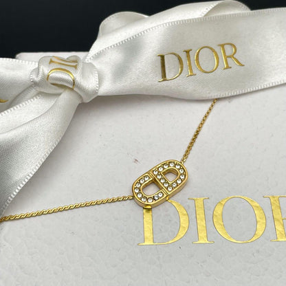 Dior CD Logo Necklace Gold Rhinestone