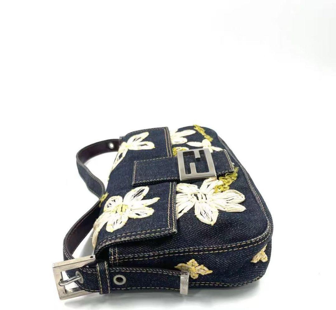 Fendi Denim Flower Embroidery Baguette Bag — view 2