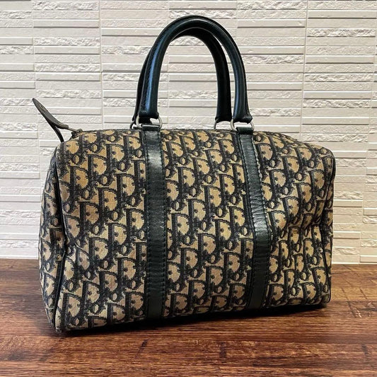 Dior Trotter Canvas Leather Boston Hand Bag Navy