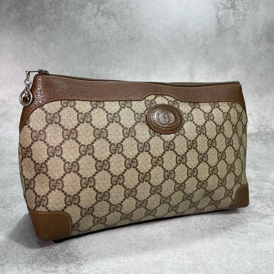 Gucci GG Clutch Brown Beige Logo Leather