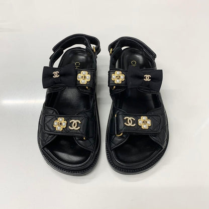 Chanel CC Logo Quilted Ribbon Leather Velcro Sandals — view 2