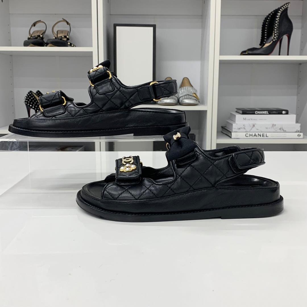 Chanel CC Logo Quilted Ribbon Leather Velcro Sandals — view 3