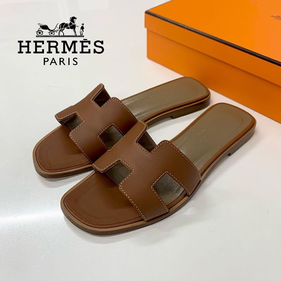 Hermes Oran Leather Sandals Brown