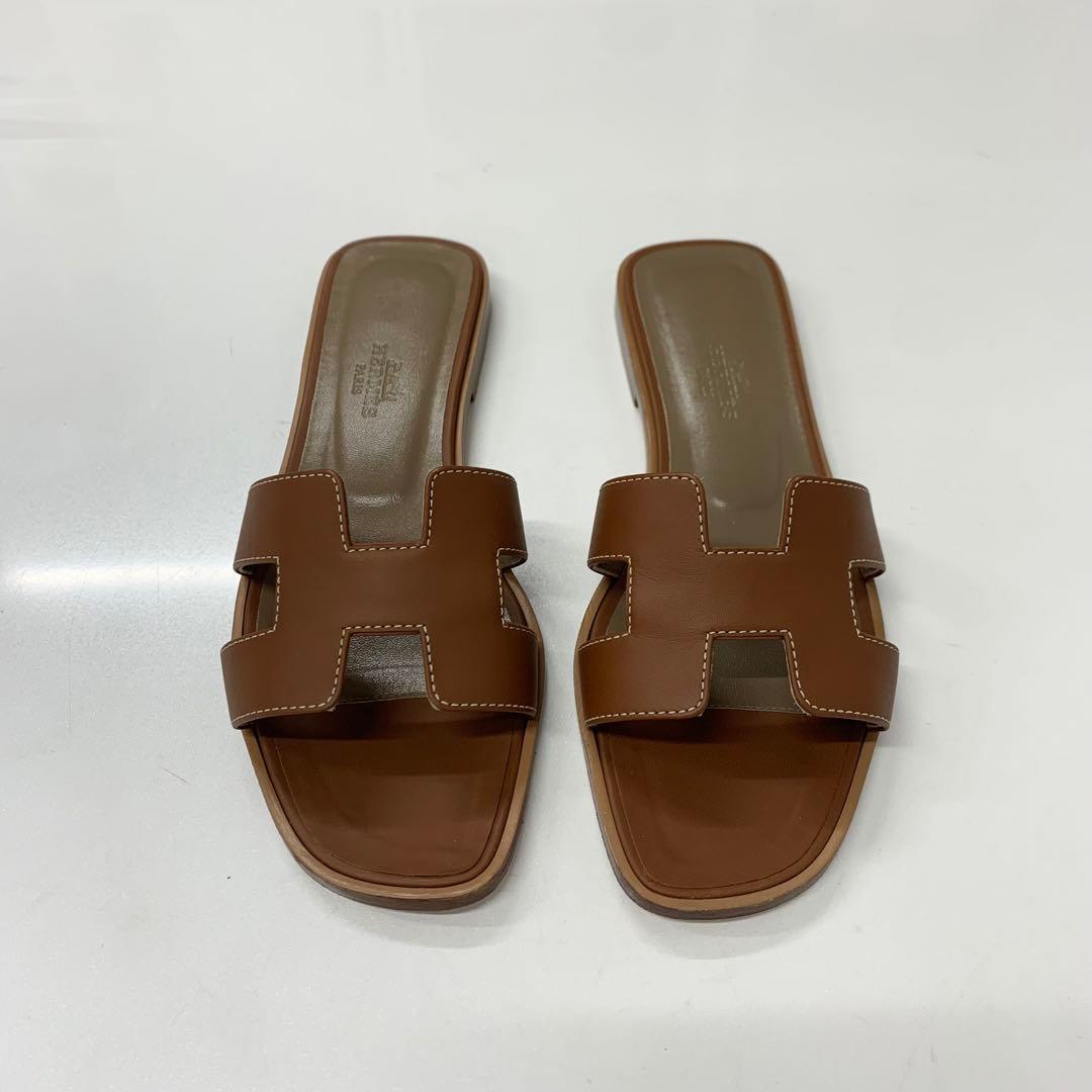 Hermes Oran Leather Sandals Brown — view 2