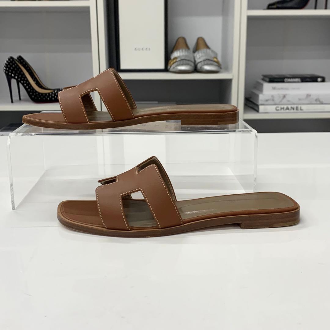 Hermes Oran Leather Sandals Brown — view 3