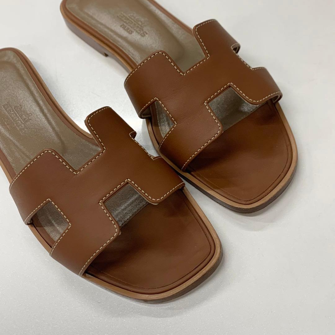 Hermes Oran Leather Sandals Brown — view 9