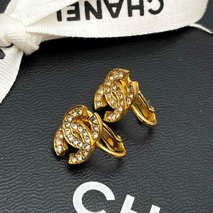 Chanel CC Logo Earrings Rhinestone Gold