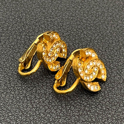 Chanel CC Logo Earrings Rhinestone Gold — view 3