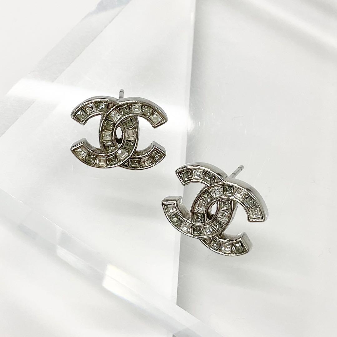 Chanel Earrings Coco Mark Rhinestone Silver