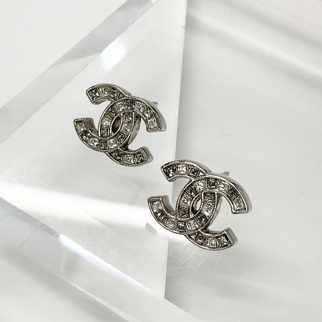 Chanel Earrings Coco Mark Rhinestone Silver