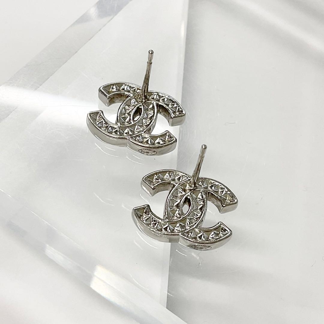 Chanel Earrings Coco Mark Rhinestone Silver