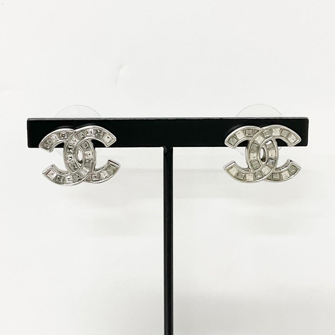 Chanel Earrings Coco Mark Rhinestone Silver