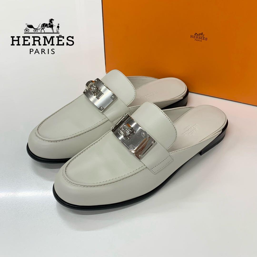 Hermes Jota Leather Kelly Mules Off White