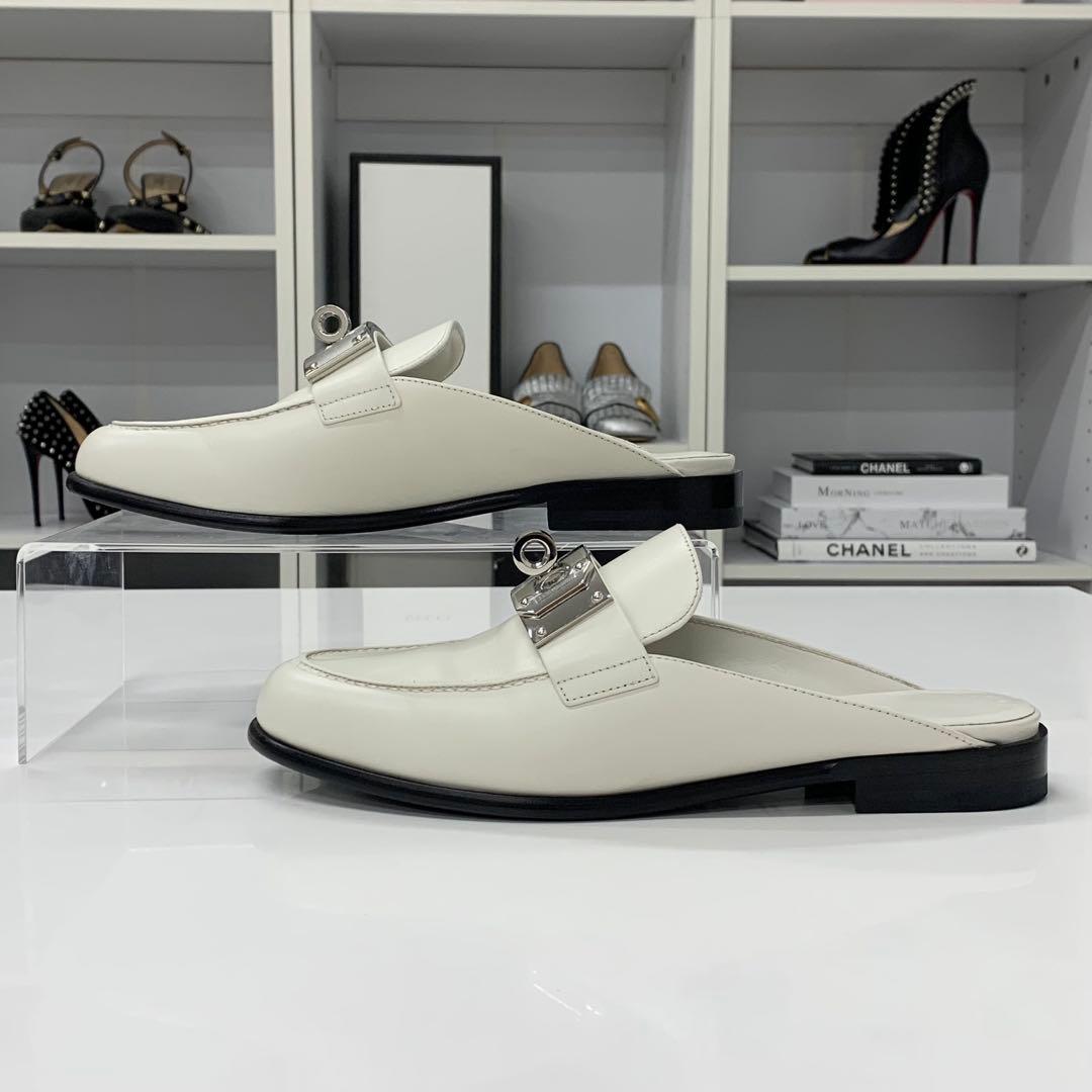 Hermes Jota Leather Kelly Mules Off White — view 3