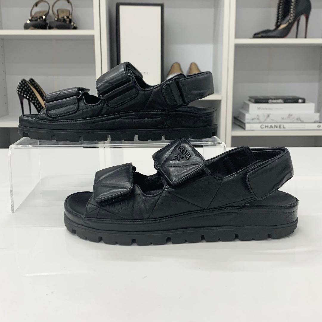 Prada Logo Padded Nappa Leather Velcro Sandals Black