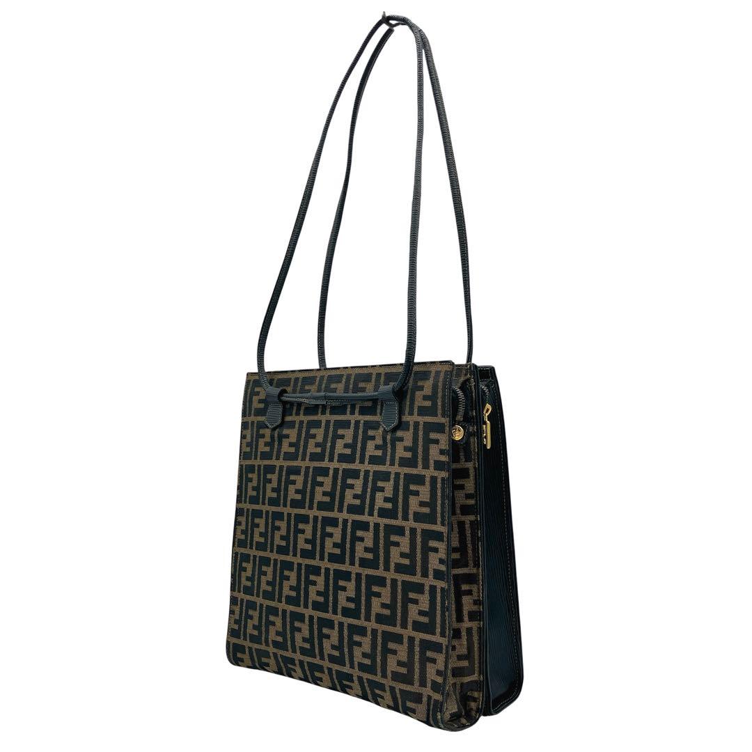 Fendi Tote Bag Zucca Pattern Gold Hardware Canvas Leather