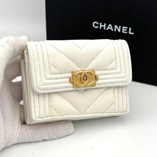 Chanel Wallet with Luxury Box Caviar Leather White Compact