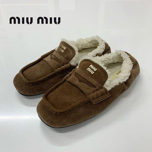 Miu Miu Suede Shearling Logo Loafers Ballet Shoes Brown