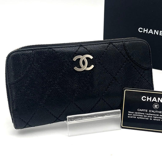 Chanel CC Logo Zip Around Wallet Black Leather Silver
