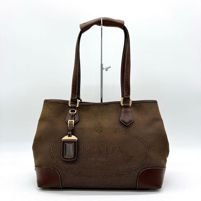 Prada Shoulder Tote Bag Logo Jacquard Triangle Logo Plate Brown