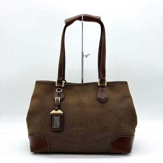 Prada Shoulder Tote Bag Logo Jacquard Triangle Logo Plate Brown