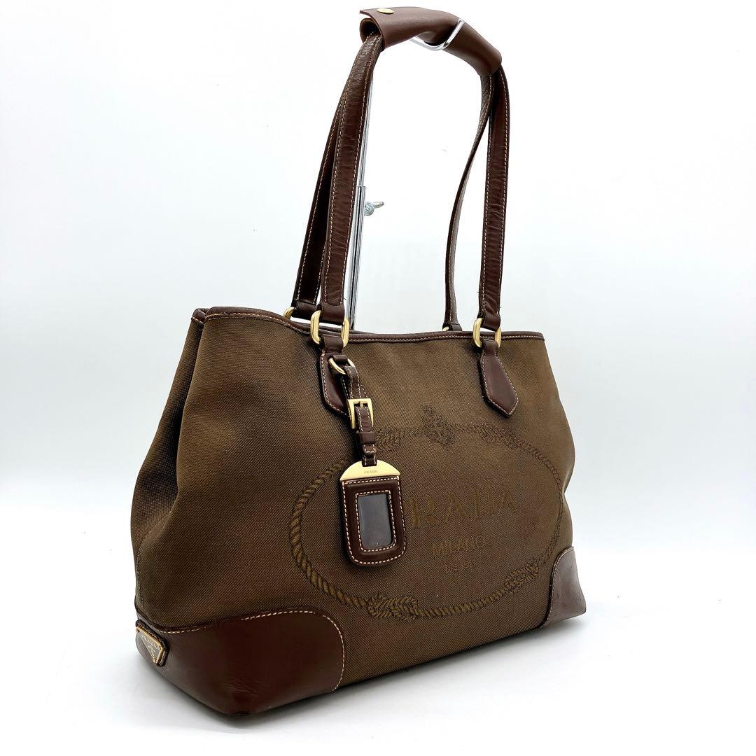 Prada Shoulder Tote Bag Logo Jacquard Triangle Logo Plate Brown
