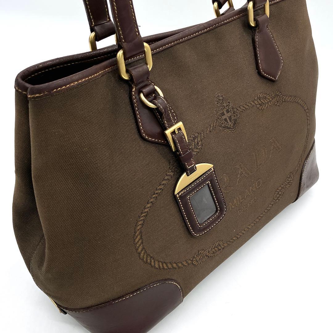Prada Shoulder Tote Bag Logo Jacquard Triangle Logo Plate Brown