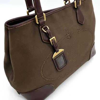 Prada Shoulder Tote Bag Logo Jacquard Triangle Logo Plate Brown