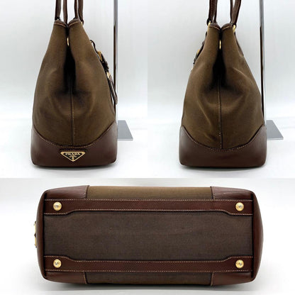 Prada Shoulder Tote Bag Logo Jacquard Triangle Logo Plate Brown