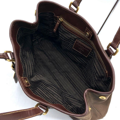 Prada Shoulder Tote Bag Logo Jacquard Triangle Logo Plate Brown